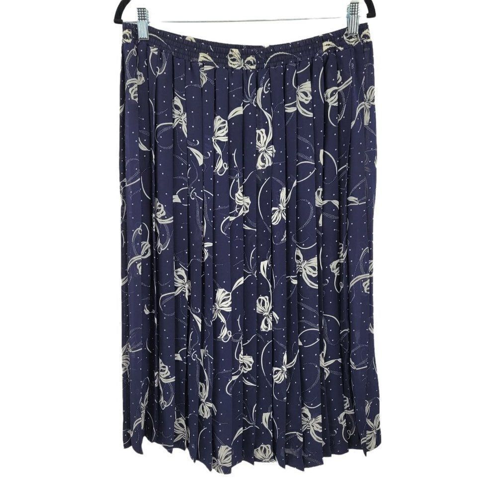 Vtg 80's Alfred Dunner Skirt Sheer‎ Accordion Pleated Midi Novelty Bow Navy Sz M